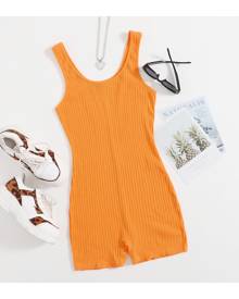 SHEIN Neon Orange Scoop Neck Rib-knit Tank Unitard Romper