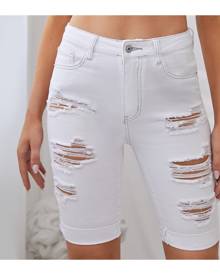 SHEIN Ripped Detail Biker Denim Shorts