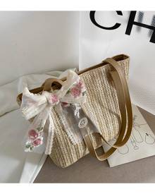 SHEIN Bow Decor Straw Tote Bag