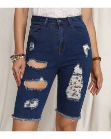 SHEIN High Waist Ripped Denim Biker Shorts