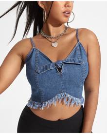 SHEIN Plus Knotted Button Back Fringe Hem Denim Top