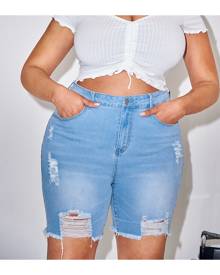 SHEIN Plus Light Wash Ripped Detail Denim Biker Shorts