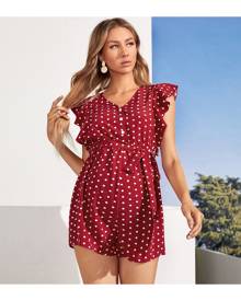 SHEIN Maternity Polka Dot Butterfly Sleeve Belted Romper