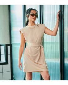 SHEIN Padded Shoulder Buckle Belted Dress