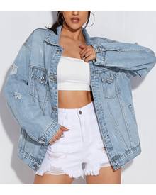 SHEIN Ripped Flap Pocket Denim Jacket