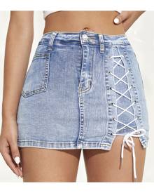 SHEIN Zipper Fly Lace Up Detail Denim Skirt