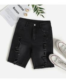 SHEIN High Waist Ripped Raw Hem Denim Shorts