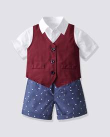 SHEIN Toddler Boys Solid Shirt & Blazer Vest & Polka Dot Shorts