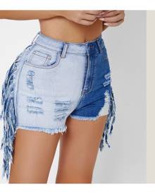 SHEIN Two Tone Fringe Trim Raw Hem Denim Shorts