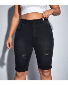 SHEIN Plus Ripped Denim Biker Shorts