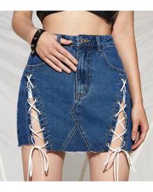 SHEIN Lace Up Front Raw Hem Denim Skirt