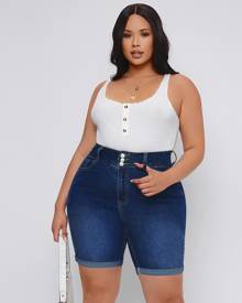 SHEIN Plus High Waist Roll Up Hem Denim Biker Shorts