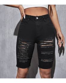 SHEIN Ripped Detail Biker Denim Shorts