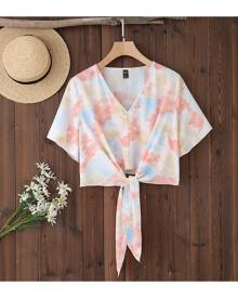 SHEIN Plus Tie Dye Knotted Hem Blouse