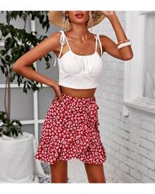 SHEIN Knotted Shoulder Cami Top & Ditsy Floral Print Tie Side Wrap Skirt