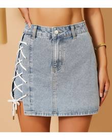 SHEIN Lace Up Asymmetrical Denim Skirt