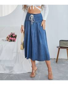 SHEIN Eyelet Lace Up Knot Denim Skirt