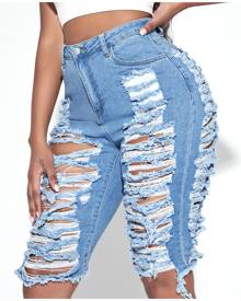 SHEIN High Waist Distressed Biker Denim Shorts