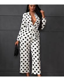 SHEIN Polka Dot Belted Shirt Jumpsuit