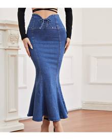 SHEIN Lace Up Waist Fishtail Hem Denim Skirt