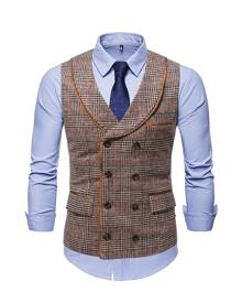 SHEIN Men Plaid And Houndstooth Pattern Blazer Vest