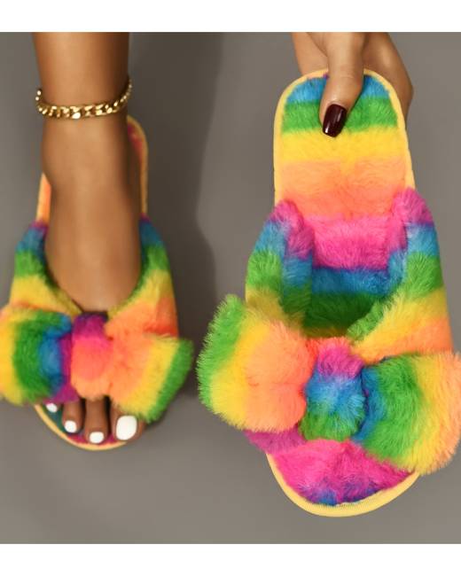 Womens Flats Mixed Colors Rainbow Faux Fur Slippers Outdoor Slip On Shoes SZ E49 