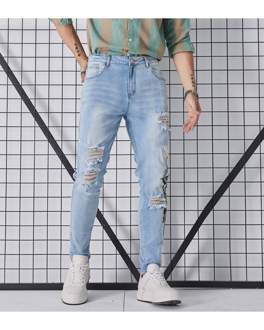 KOESON Mens Fashion Close-Fitting Patchwork Jeans/Denim Pencil Pants