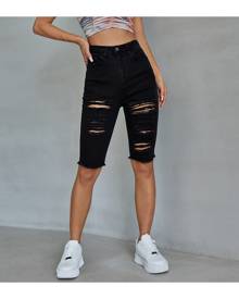 SHEIN Ripped Raw Hem Denim Bermuda Shorts