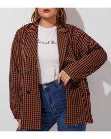 SHEIN Plus Gingham Print Double Breasted Blazer