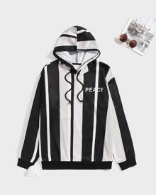 SHEIN Men Stripe Letter Graphic Drawstring Hoodie