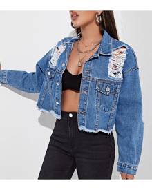 SHEIN Ripped Raw Hem Denim Jacket