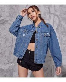 SHEIN Drop Shoulder Ripped Denim Jacket