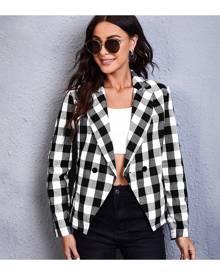 SHEIN Gingham Print Double Button Blazer