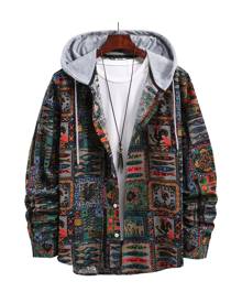 SHEIN Men All Over Print Drawstring Hooded Shirt