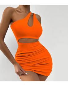 SHEIN Neon Orange One Shoulder Cut Out Ruched Bodycon Dress