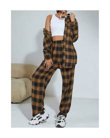 SHEIN Plaid Button Front Coat & Straight Leg Pants & Crop Tank Top