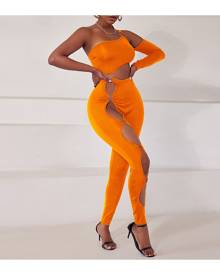 SHEIN Neon Orange Asymmetrical Neck Ring Linked Cut Out Unitard Jumpsuit