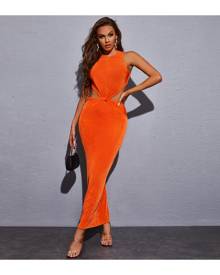 SHEIN Neon Orange Cut Out Waist Twist Front Bodycon Dress