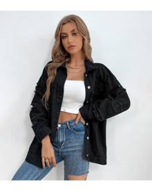 SHEIN Single Breasted Ripped Denim Jacket