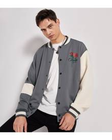 SHEIN Men Color Block Letter & Floral Print Zipper Bomber Jacket