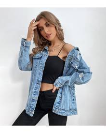 SHEIN Ripped Flap Pocket Denim Jacket