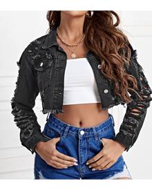 SHEIN Ripped Raw Hem Denim Jacket