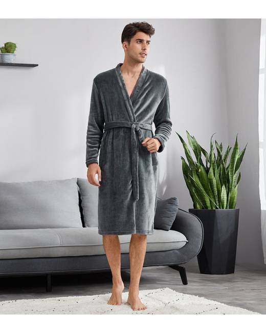 WINJUD Mens Bathrobe Short Sleeve Linen Robe Lightweight Solid Shawl Collar Home Kimono Pajamas