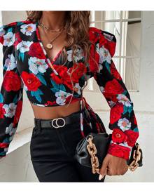 SHEIN Floral Print Puff Sleeve Tie Side Wrap Blouse