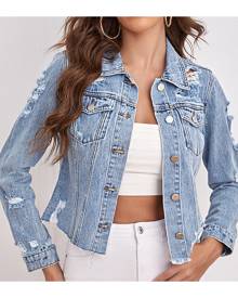 SHEIN Ripped Raw Cut Denim Jacket