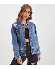 SHEIN Ripped Flap Detail Denim Jacket