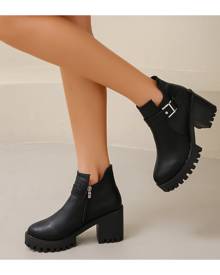 SHEIN Minimalist Buckle Decor Side Zipper Chunky Boots
