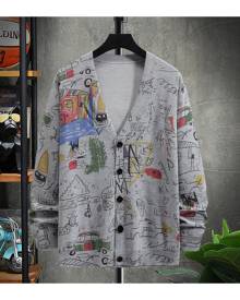 SHEIN Men Random Graffiti Print Button Up Cardigan