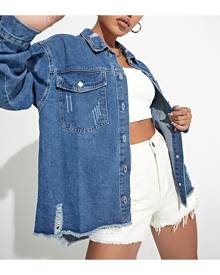 SHEIN Ripped Raw Hem Denim Jacket