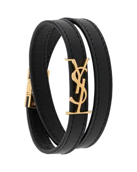 Saint Laurent Black Leather Braided Pineapple Monogram Bracelet